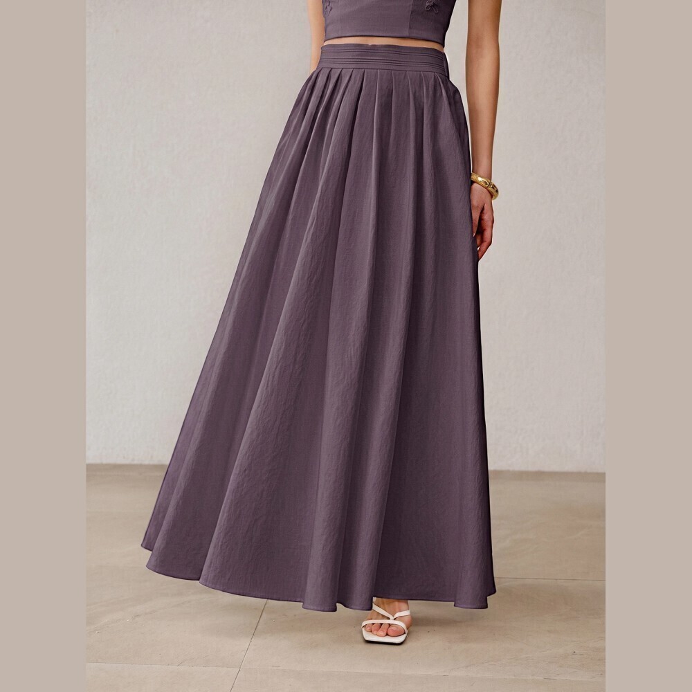 Dusty Purple Pleated High Waist Woven A-Line Maxi Skirt